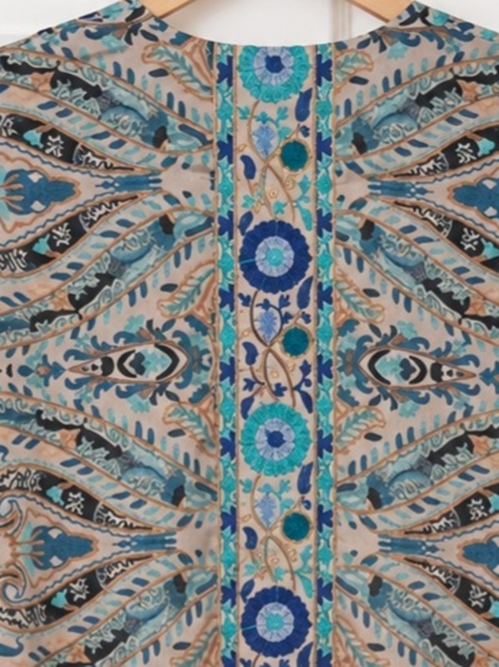Embroidered Open-Front Kimono Jacket in Beige and Teal - Picture 6 of 9